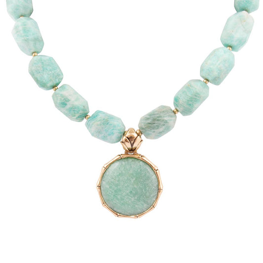 Barse Green Amazonite Golden Lotus Pendant Necklace