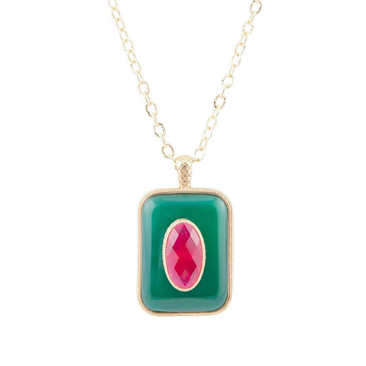 Green Onyx Stacked Red Quartz Golden Pendant Necklace