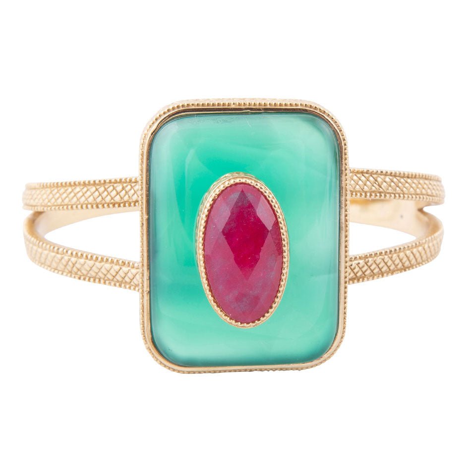 Green Onyx Stacked Red Quartz Golden Cuff Bracelet