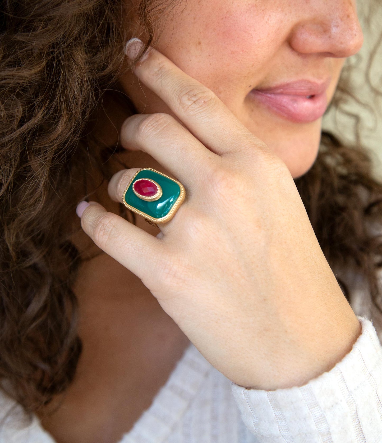 Barse Green Onyx Stacked Red Stone Golden Statement Ring