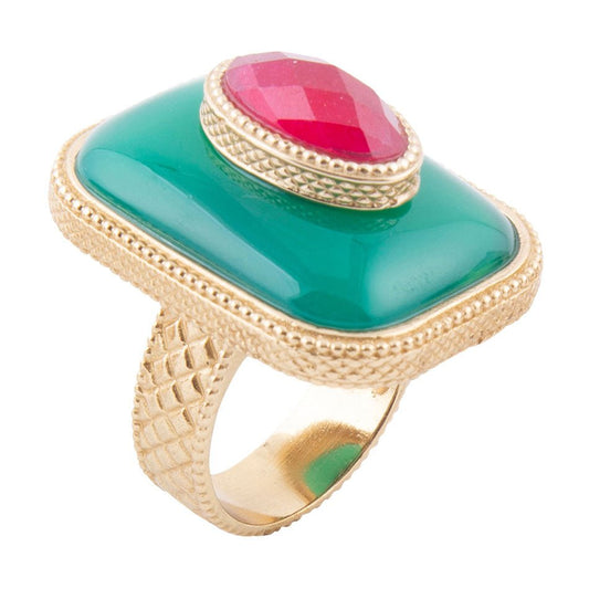 Barse Green Onyx Stacked Red Stone Golden Statement Ring
