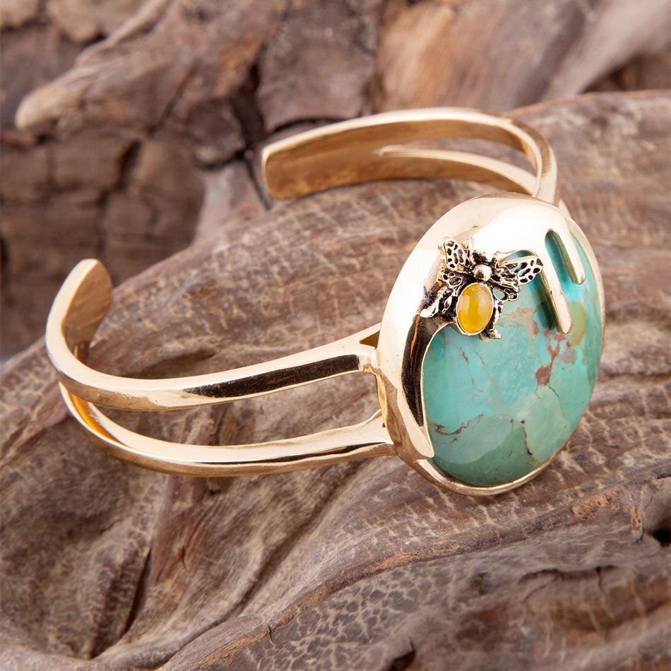 Barse Honey Bee Blue Turquoise Golden Cuff Bracelet