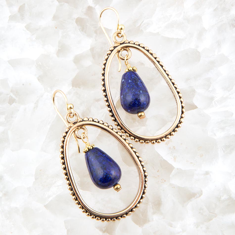 Barse Inline Blue Lapis Drop Golden Earrings