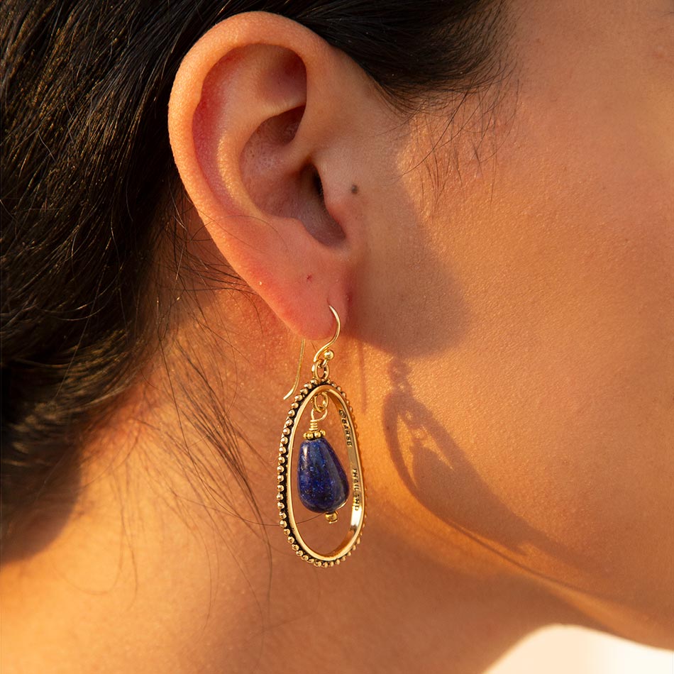 Barse Inline Blue Lapis Drop Golden Earrings