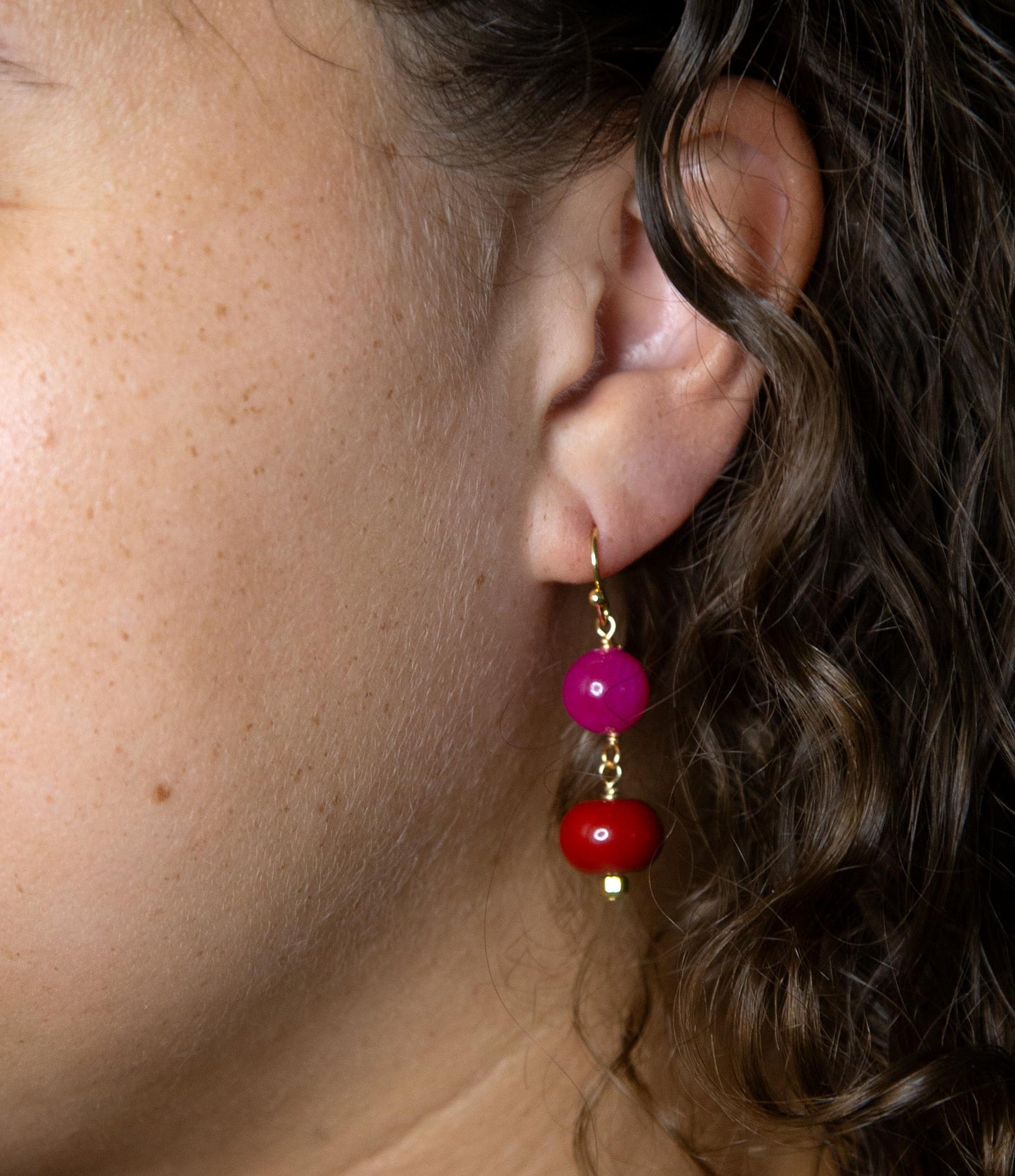 Barse Jade Pink Fuchsia Sunset Red Golden Drop Earrings