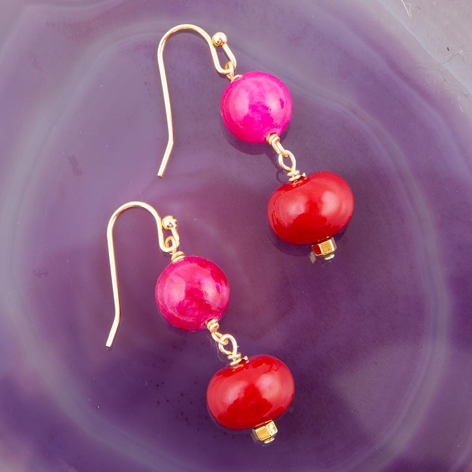 Barse Jade Pink Fuchsia Sunset Red Golden Drop Earrings
