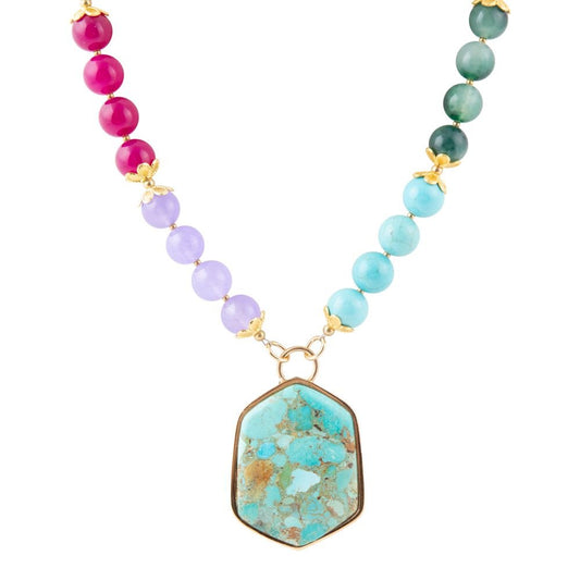 Kaleidoscope Multistone Blue Turquoise Pendant Golden Necklace