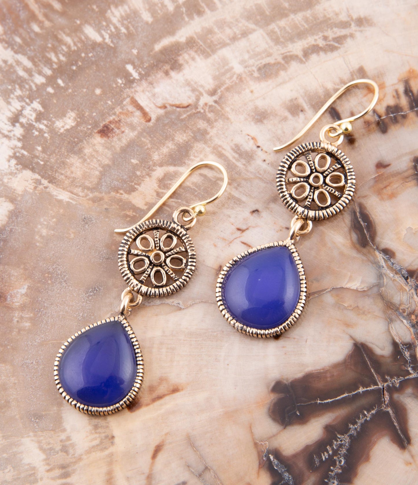 Barse Lace Blue Agate Drop Golden Earrings