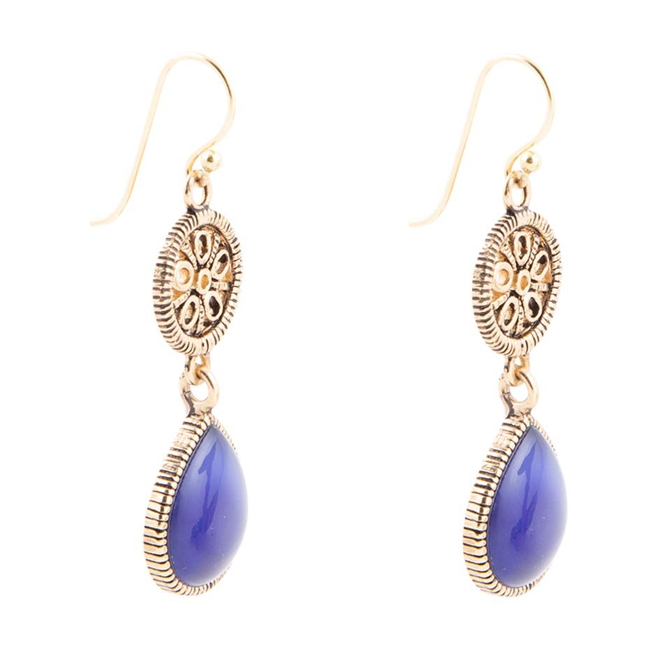 Barse Lace Blue Agate Drop Golden Earrings