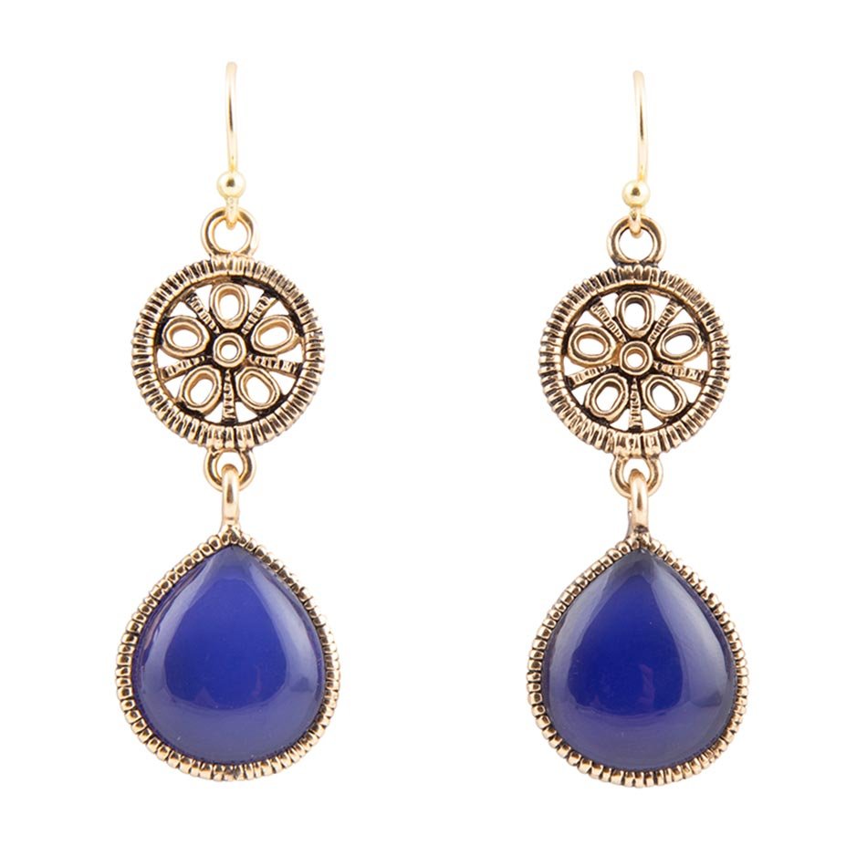 Barse Lace Blue Agate Drop Golden Earrings