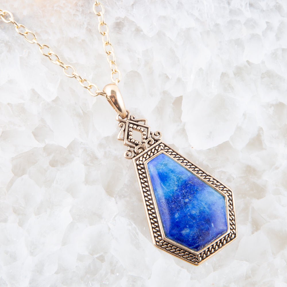 Barse Blue Lapis Golden Elongated Pendant Necklace