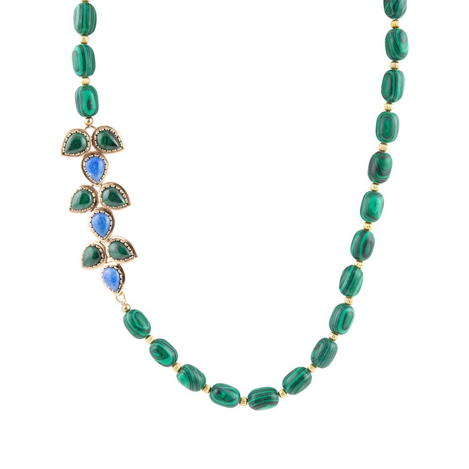 Barse Linked Blue Lapis and Green Malachite Golden Necklace