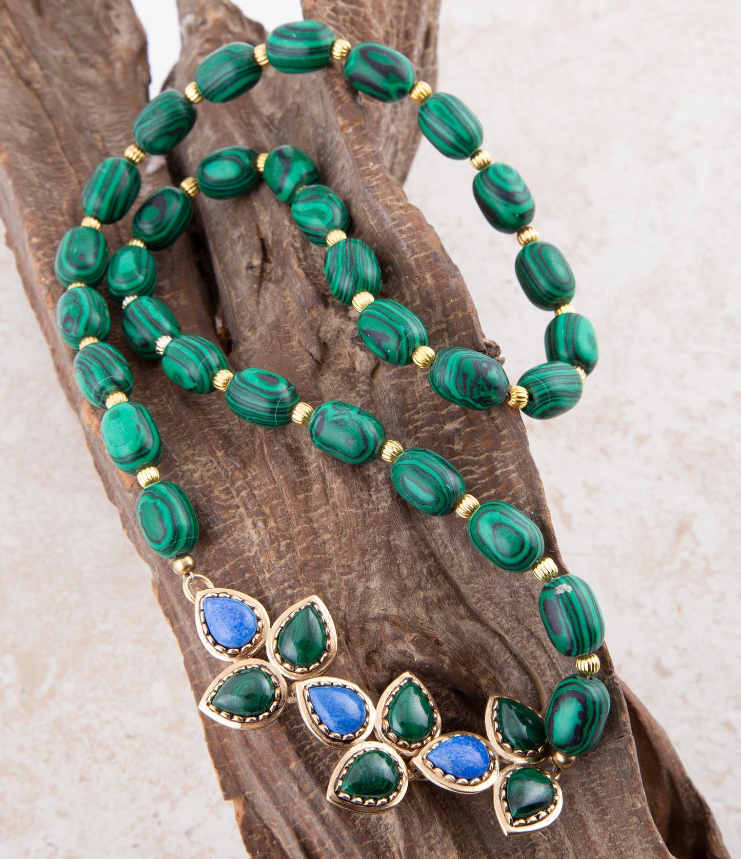 Barse Linked Blue Lapis and Green Malachite Golden Necklace