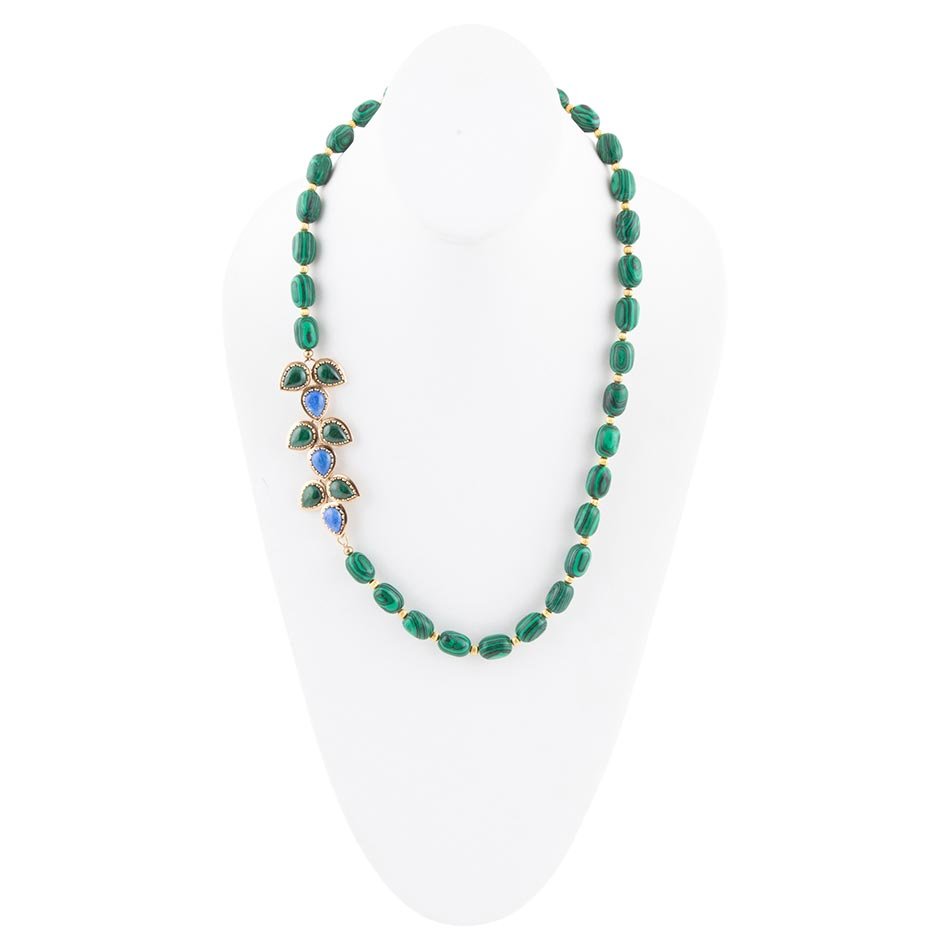 Barse Linked Blue Lapis and Green Malachite Golden Necklace