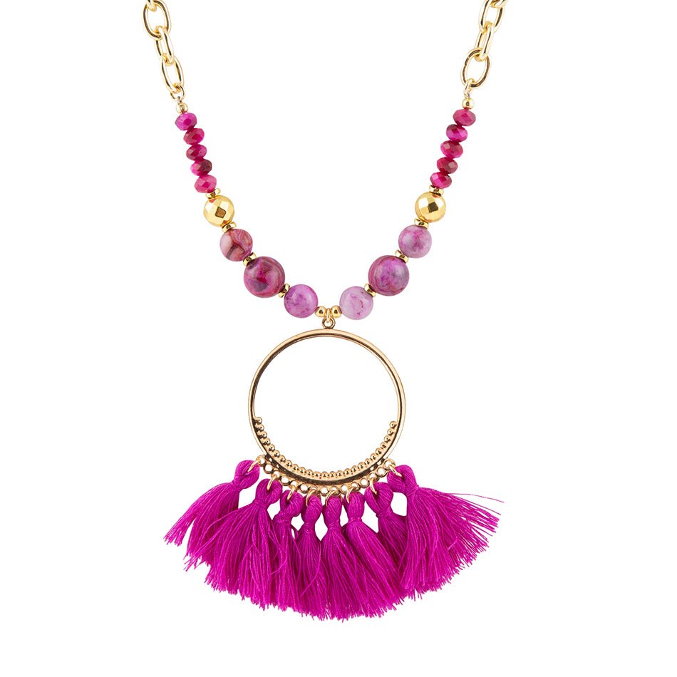 Barse Pink Magenta Dreams Agate Tassel Golden Necklace