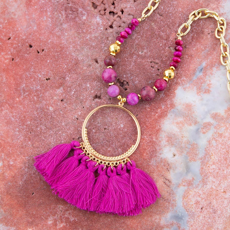 Barse Pink Magenta Dreams Agate Tassel Golden Necklace