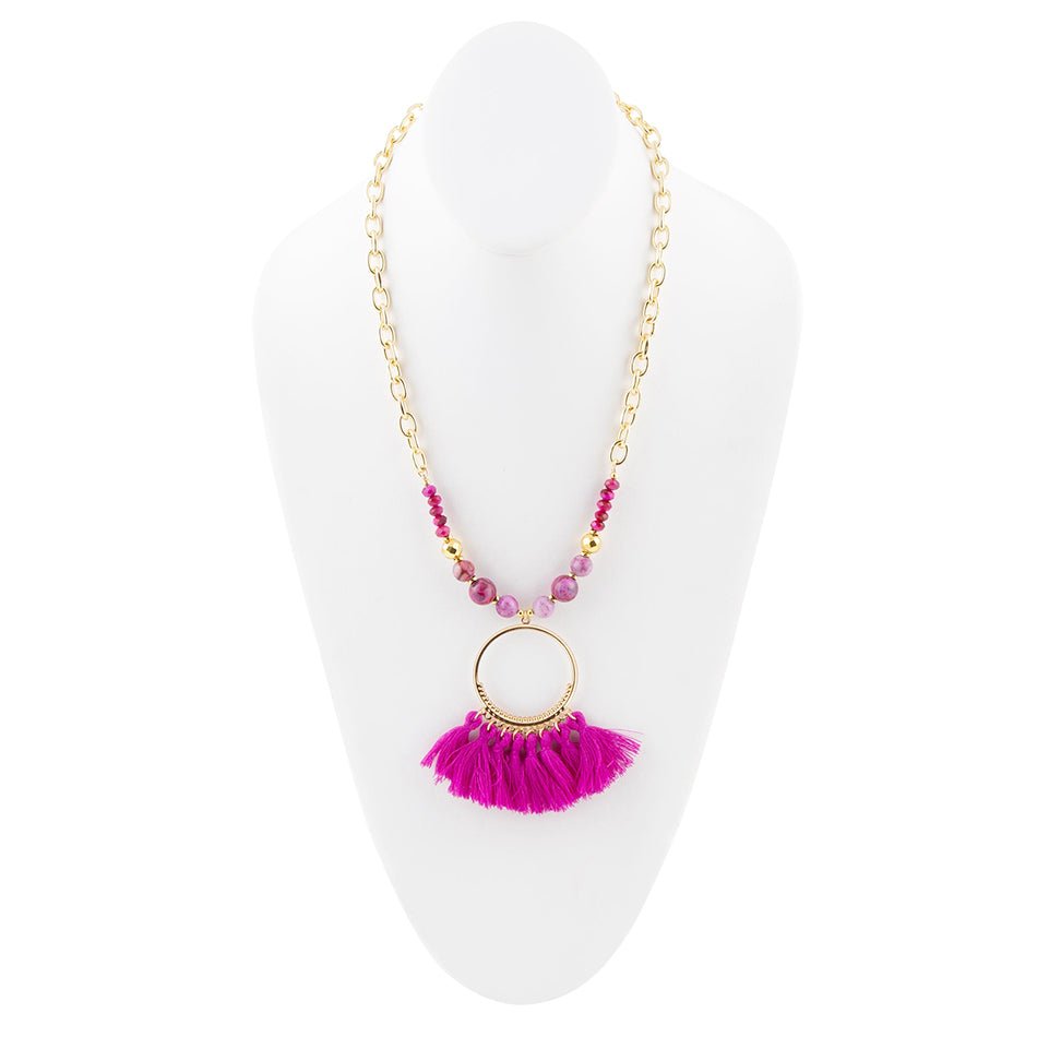 Barse Pink Magenta Dreams Agate Tassel Golden Necklace