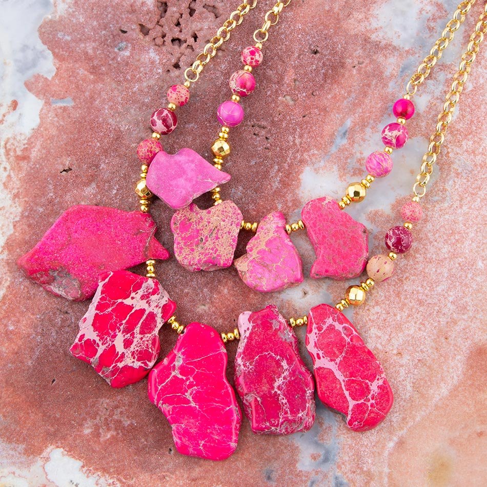 Barse Pink Magenta Dreams Jasper and Goldtone Statement Necklace