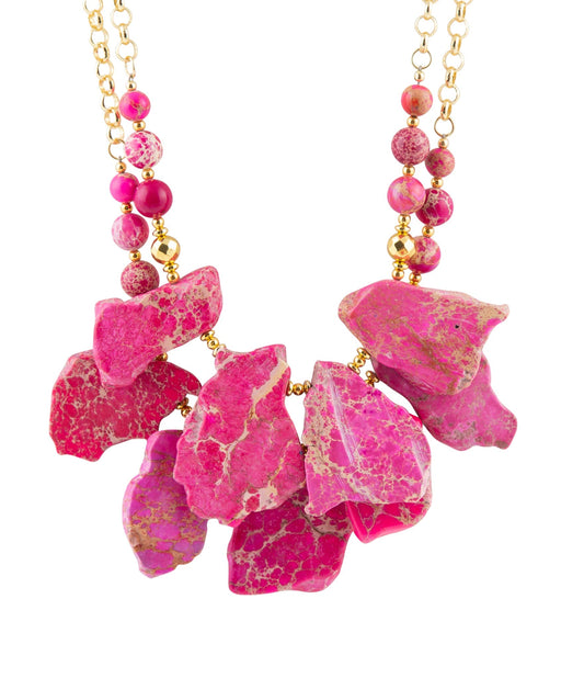 Barse Pink Magenta Dreams Jasper and Goldtone Statement Necklace