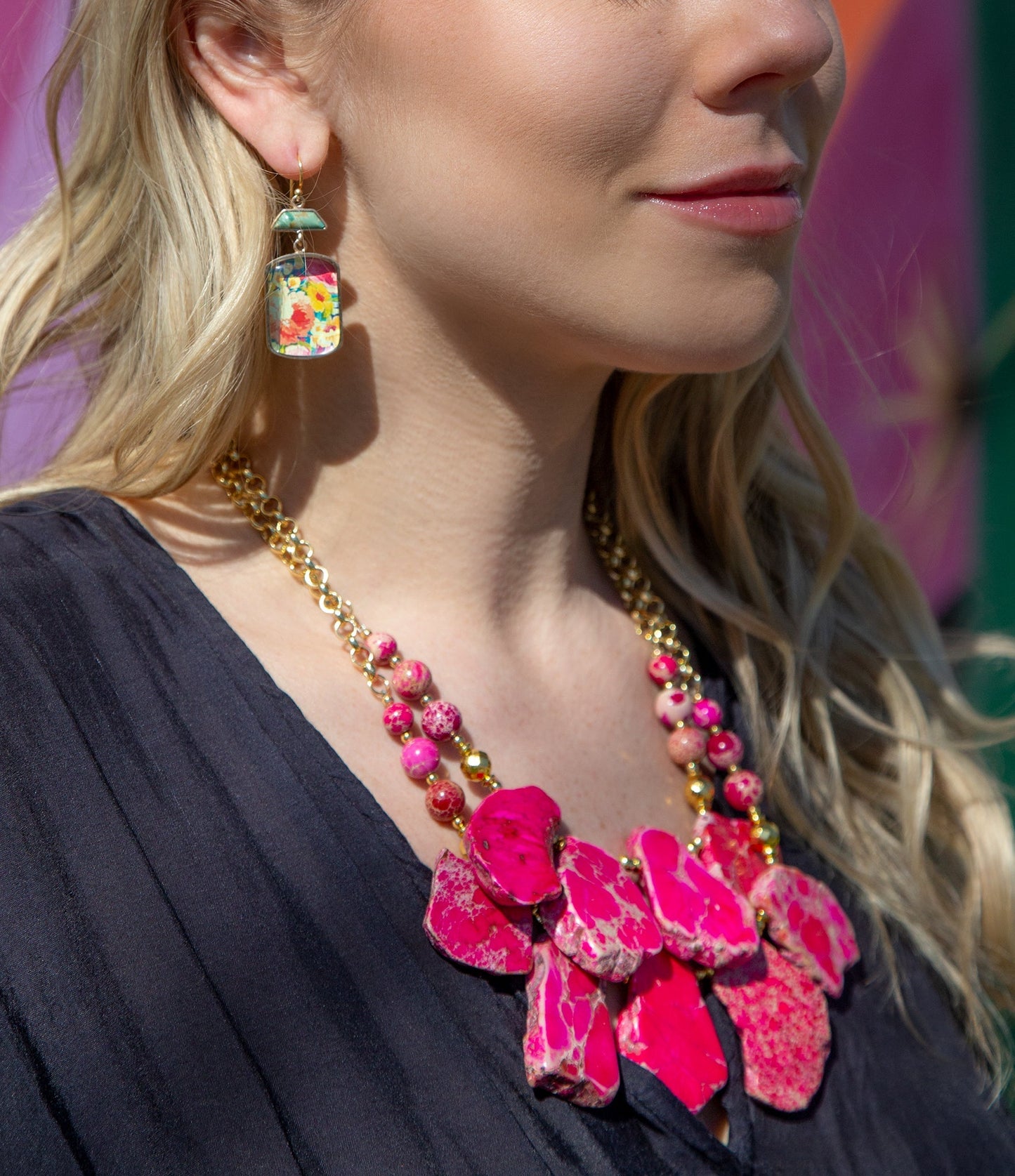 Barse Pink Magenta Dreams Jasper and Goldtone Statement Necklace