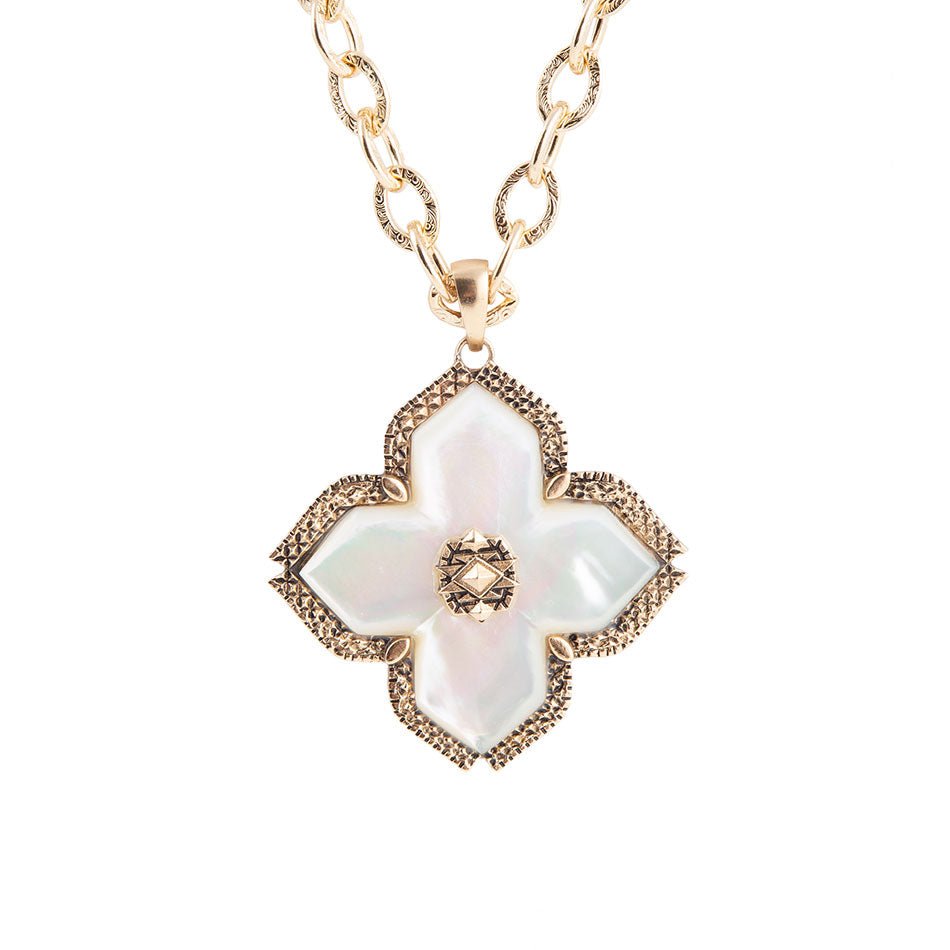 Barse Maltese Cross White Mother of Pearl Golden Chain Pendant Necklace