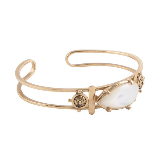 Barse White Mother of Pearl Open Golden Cuff Bracelet