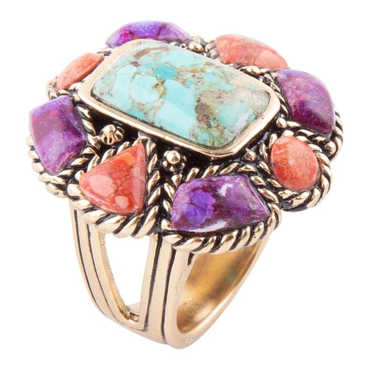 Barse Blue Turquoise Colorful Floral Golden Ring