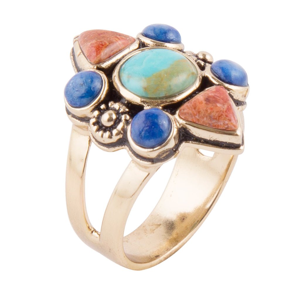 Barse Blue Turquoise and Colorful Multi-Stone Golden Statement Ring
