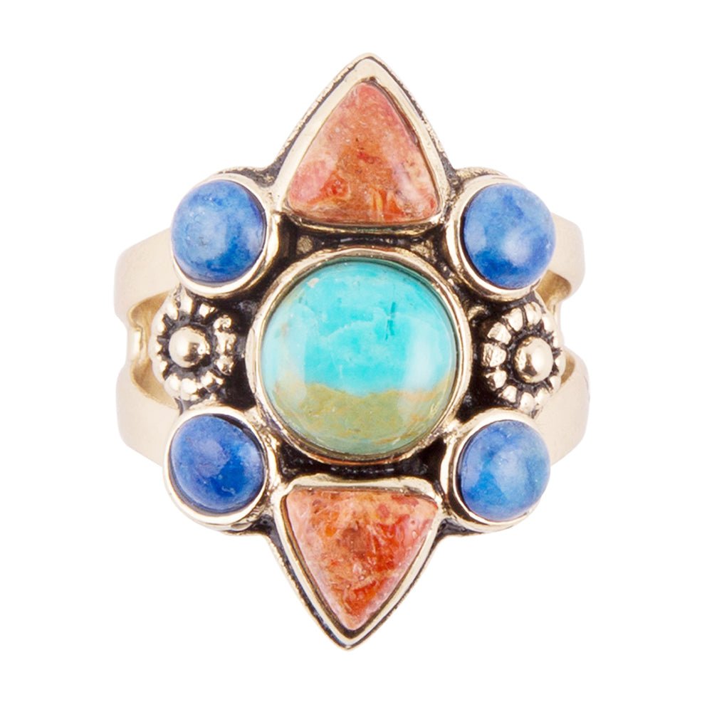 Barse Blue Turquoise and Colorful Multi-Stone Golden Statement Ring