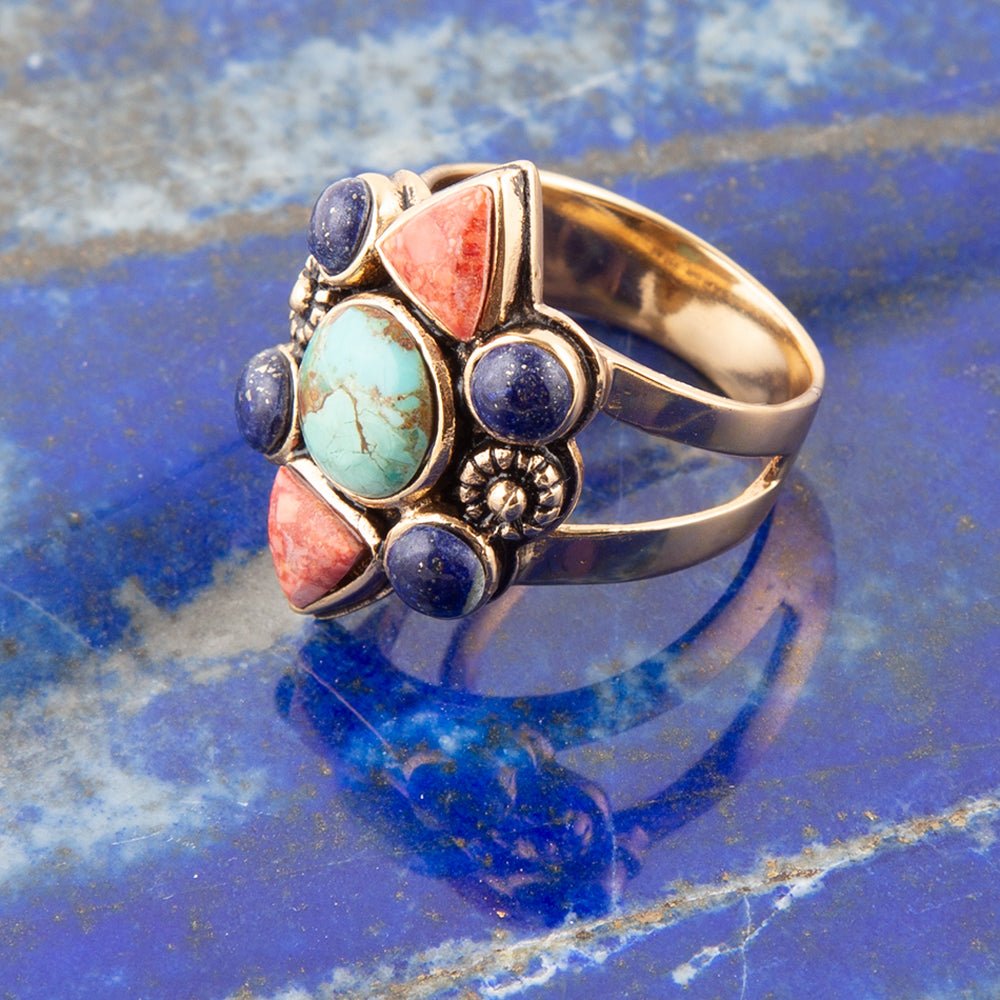 Barse Blue Turquoise and Colorful Multi-Stone Golden Statement Ring