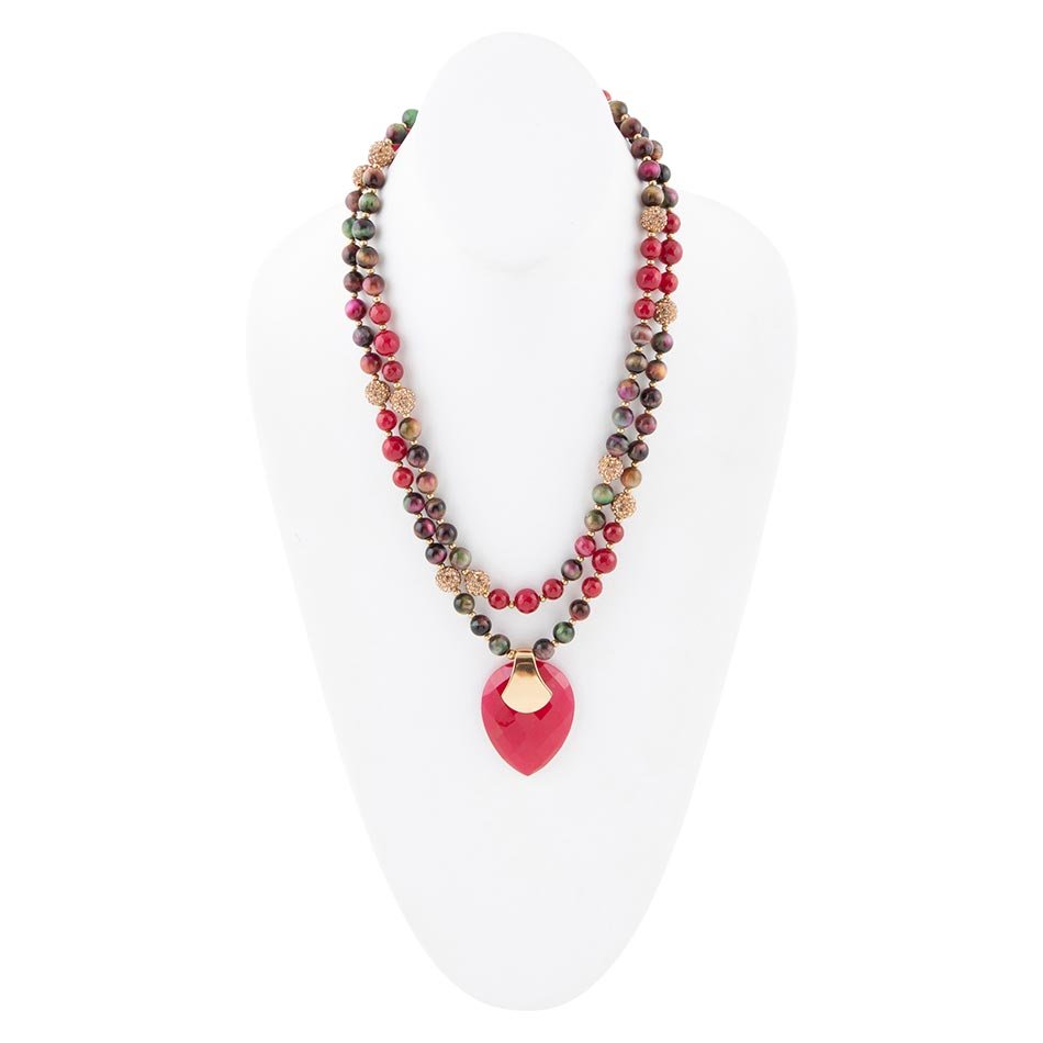 Barse Jeweled Multi-Color Tiger's Eye and Rasberry Quartz Pendant Golden Necklace