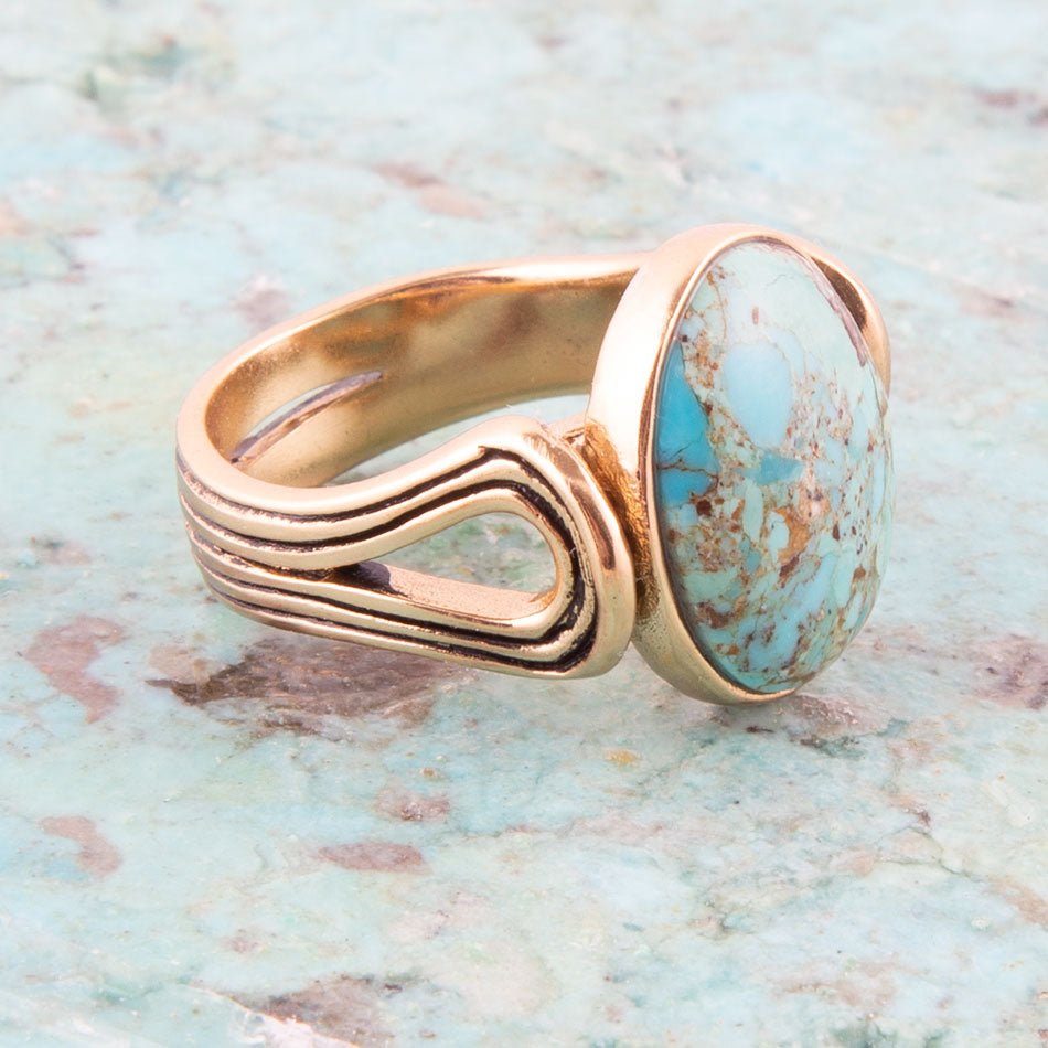 Barse Nova Blue Turquoise and Golden Oval Ring