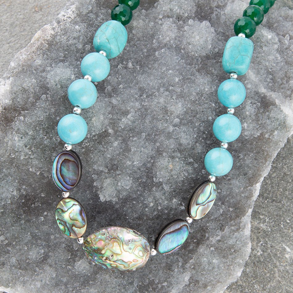 Ocean Bright Green Onyx and Blue Abalone Beaded Necklace