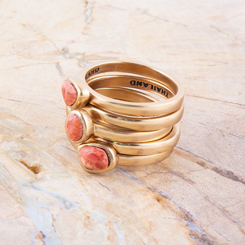 Orange Sponge Coral Golden Stacking Ring Set