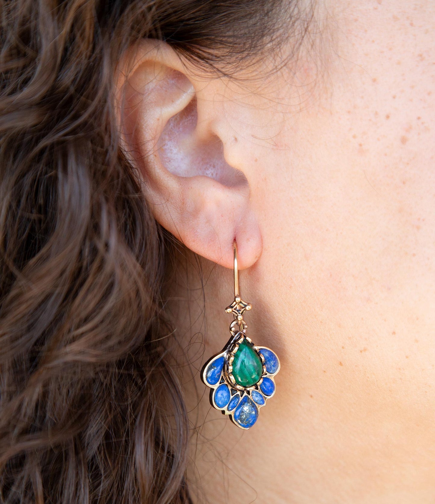 Barse Peacock Blue Lapis Golden Drop Earrings