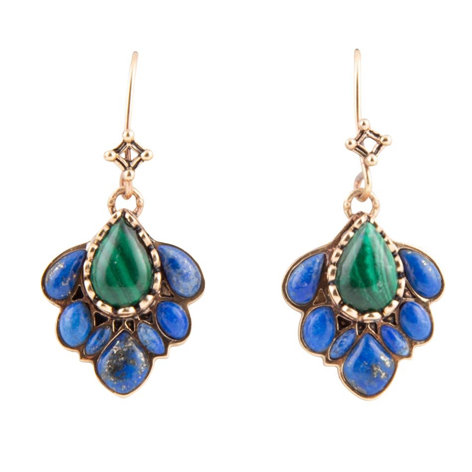 Barse Peacock Blue Lapis Golden Drop Earrings