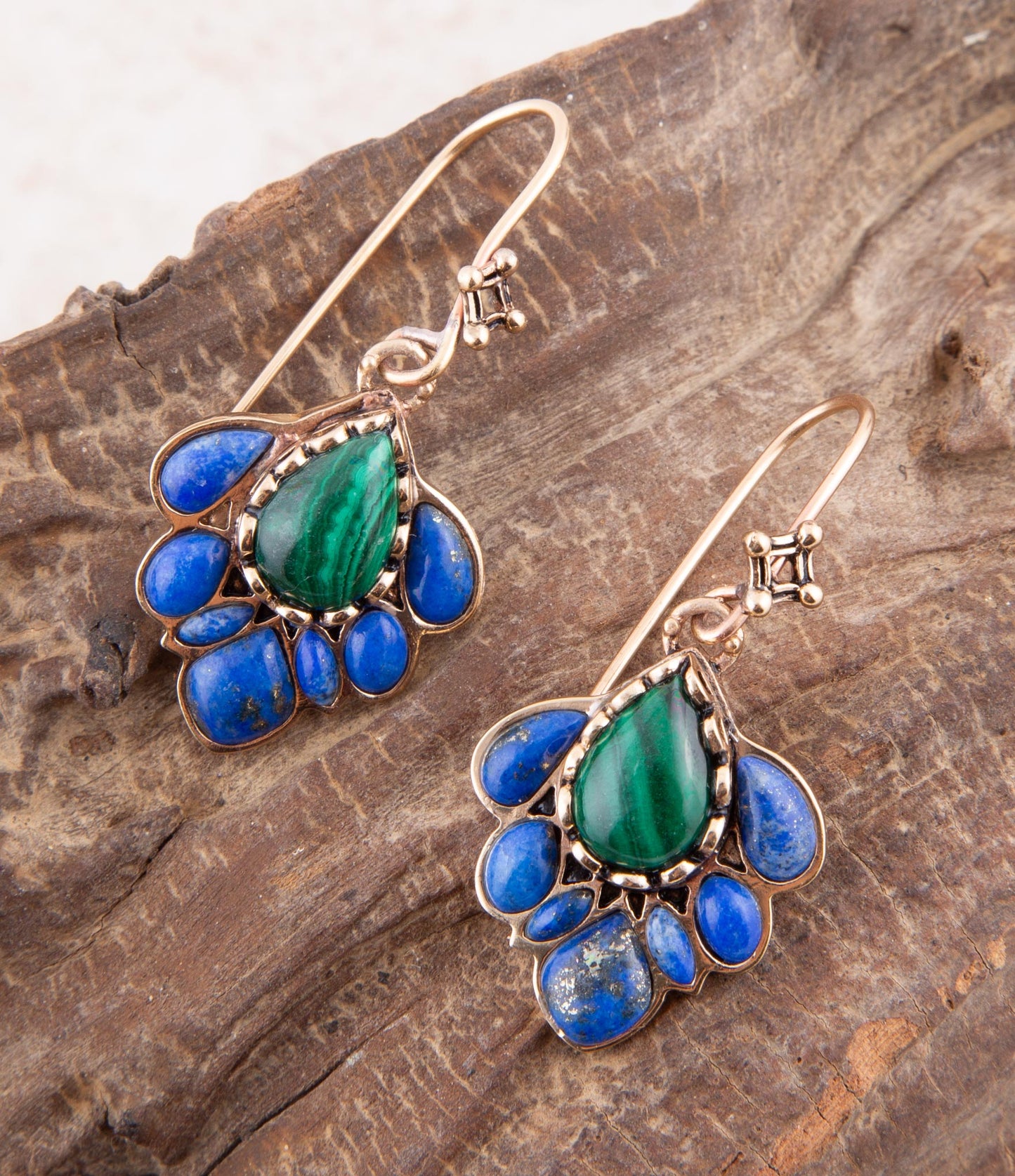 Barse Peacock Blue Lapis Golden Drop Earrings
