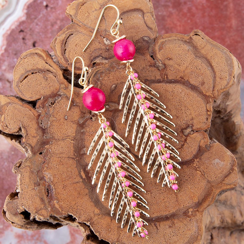 Barse Peony Fuchsia Pink Jade Feather Drop Earrings