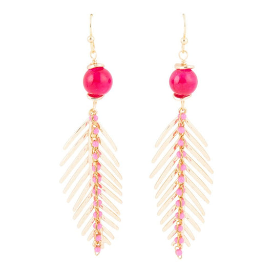 Barse Peony Fuchsia Pink Jade Feather Drop Earrings