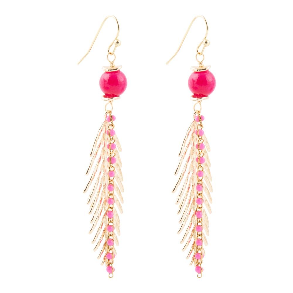 Barse Peony Fuchsia Pink Jade Feather Drop Earrings