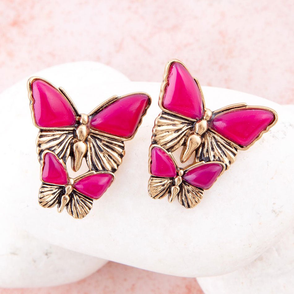 Barse Pink Agate Golden Butterflies Post Earrings