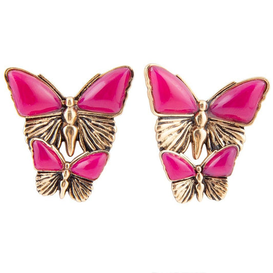 Barse Pink Agate Golden Butterflies Post Earrings