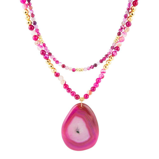Barse Pink Agate Golden Pendant Necklace