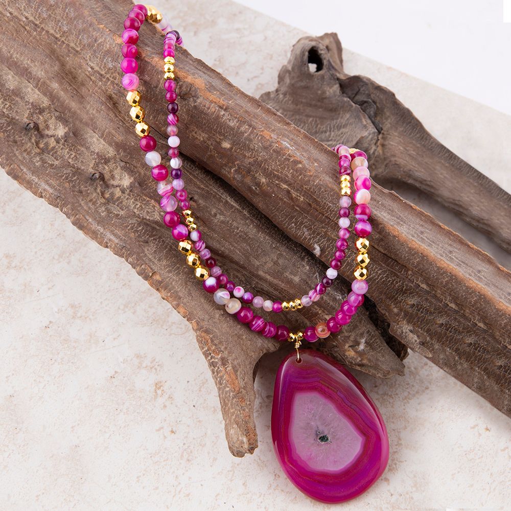Barse Pink Agate Golden Pendant Necklace