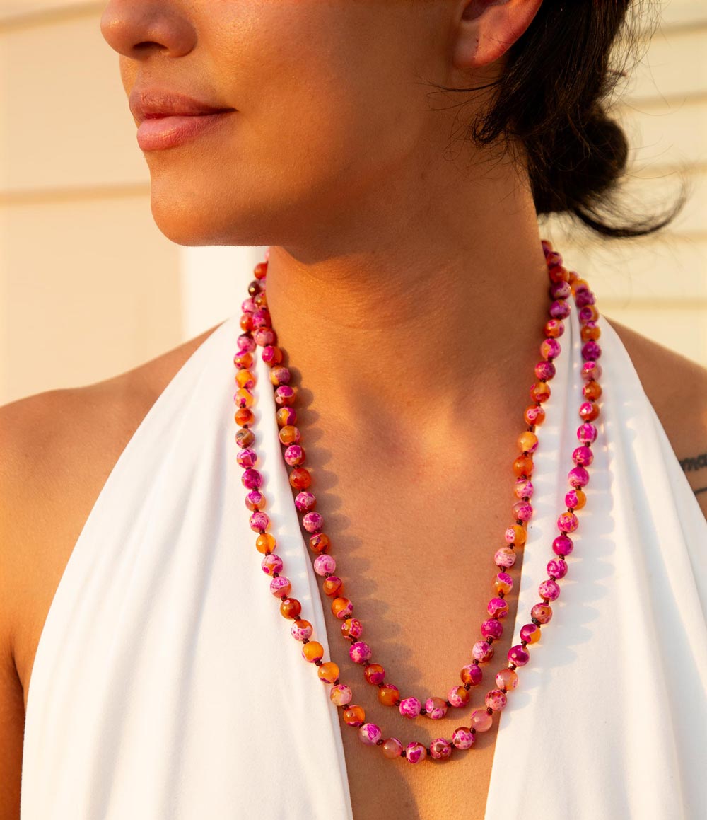 Barse Pink Agate Knotted Long Necklace