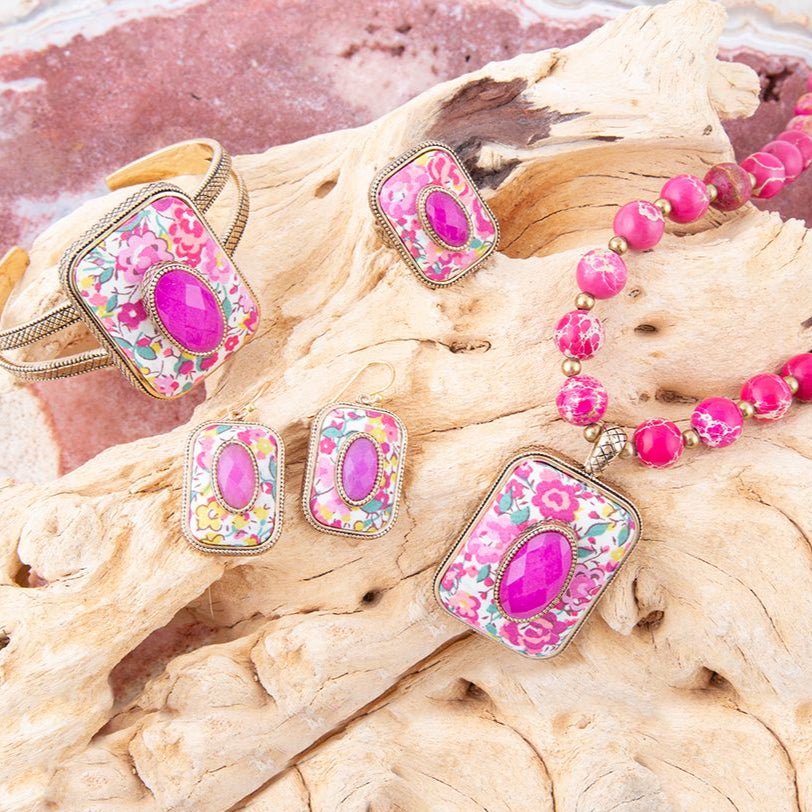 Barse Pink Agate Stacked Stone Floral Cuff Bracelet