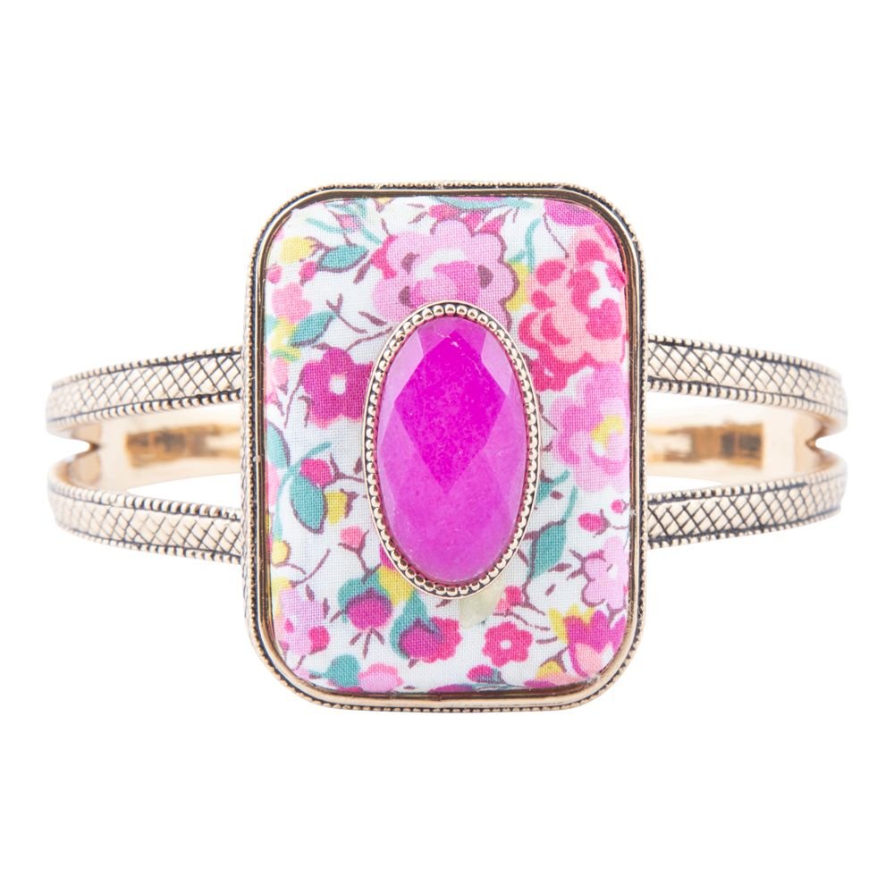 Barse Pink Agate Stacked Stone Floral Cuff Bracelet