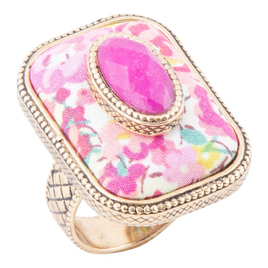 Barse Pink Agate Stacked Stone Floral Golden Statement Ring