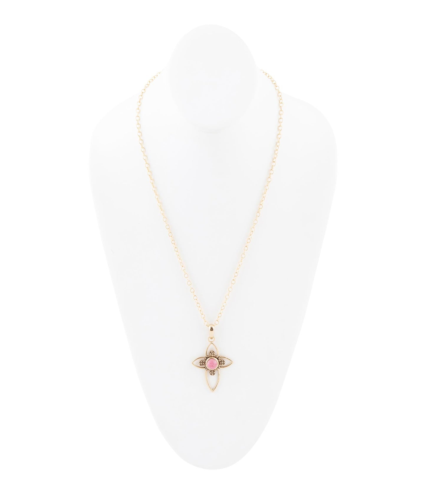 Barse Pink Rhodonite Golden Cross Pendant Necklace