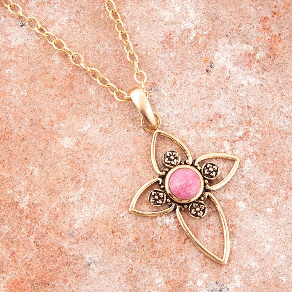 Barse Pink Rhodonite Golden Cross Pendant Necklace